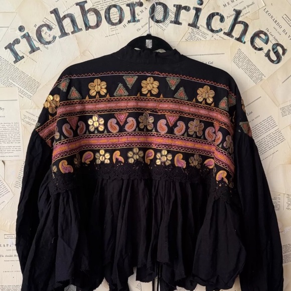 Free People Savannah Bed Jacket Embroider Lace PaisleyPrint Sequin BlackPurple - Picture 5 of 5